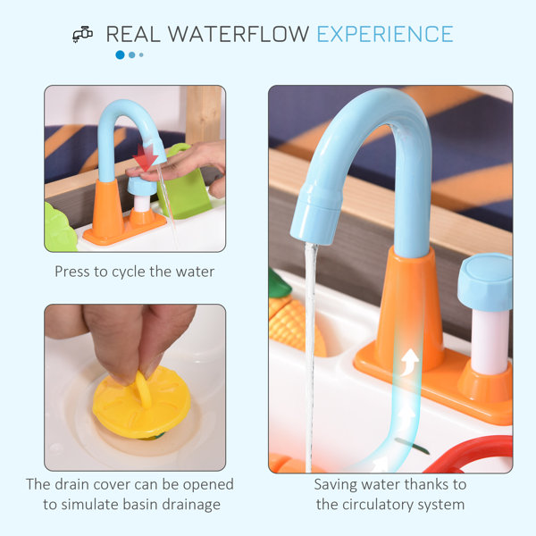 Outsunny Kids Kitchen, Playset Game With Sink, Running Water, Vegetable, Dish For 37 Years Old